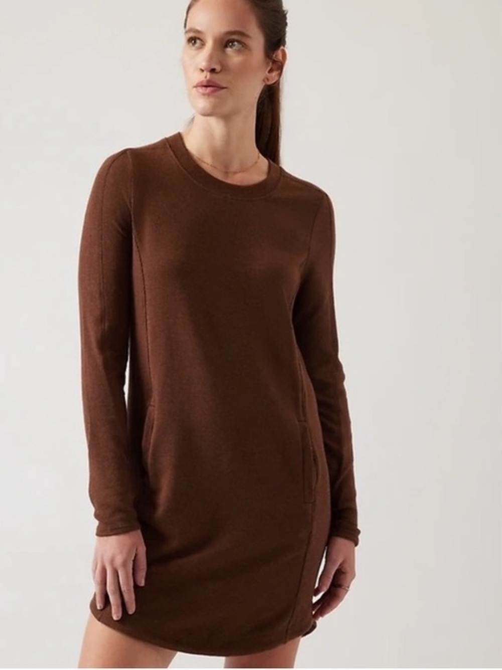 Athleta Balanced Brown Long-Sleeve Crewneck Mini Dress, Everyday Lounge, Fall